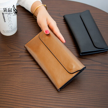Kangaroo women's clutch high-end korean style women's genuine leather long wallet women's cowhide simple fashion flip wallet rich gold
