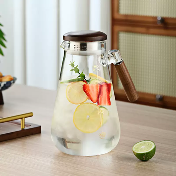 Yusenyi high temperature resistant borosilicate glass cold kettle household water storage kettle large capacity cold white juice flower teapot wooden handle cold kettle with scale (transparent) 1700ml 1700ml