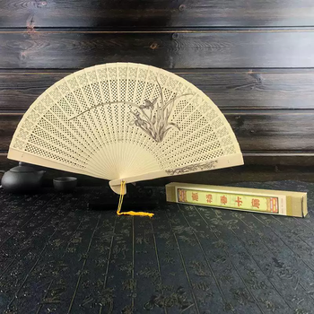 Yu sen yi chinese style suzhou fragrant wood fan sandalwood fan ancient style folding fan women's sandalwood classical cheongsam ancient fan hanfu double-sided fragrant wood fan orchid