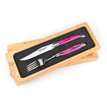 He jiagong french laguiole en aubrac steak western food knife and fork barbie pink camel bone gift box barbie pink camel bone knife and fork set. 1 knife 1 fork with wooden box