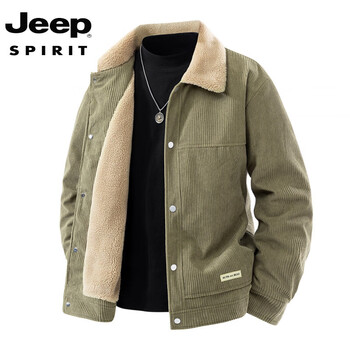 Jeep spirit 2025 autumn and winter corduroy sherpa plus velvet warm large size lapel jacket for men jp l07# bean green (sheep velvet jacket) m (100-115 catties)