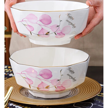 Yusenyi pink colorful high-looking tableware pink colorful 8-inch large soup bowl 2 pack household ceramic simple gold painting bowl