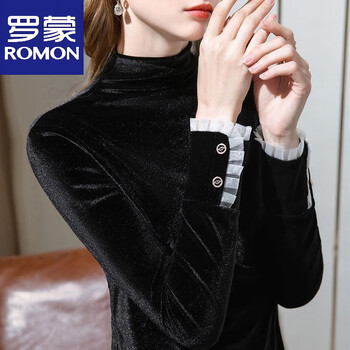Romon high-end gold velvet half turtleneck bottoming shirt for women in autumn and winter, velvet style inner long-sleeved t-shirt for women, fashionable and warm, official flagship black with buttons - thin style m, recommended 80-100 pounds