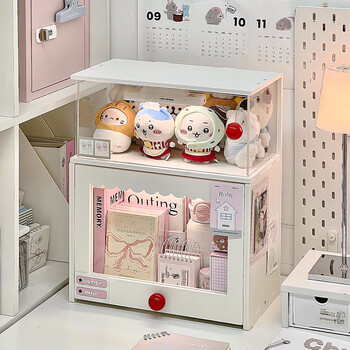 Lazy xiaoji desktop acrylic storage box high-looking multi-layer display shelf bookshelf handbook stationery doll multi-functional storage cabinet storage display cabinet - red ball handle