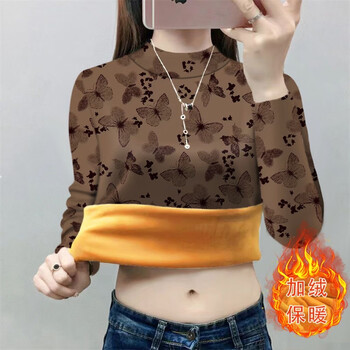 Su ningning's bottoming shirt for women with velvet and thickening 2025 winter inner wear warm and slim half turtleneck long-sleeved auntie outfit khaki butterfly (plus velvet) xl recommended 105-115 pounds