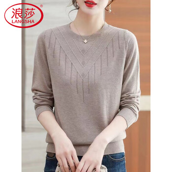 Langsha middle-aged women's knitted sweater autumn and winter mother's wear loose regular bottoming sweater pullover long-sleeved top round neck sweater khaki m