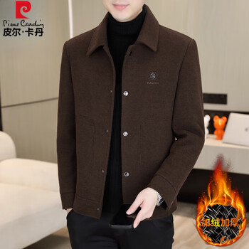 Pierre cardin men's woolen jacket 2025 new autumn and winter velvet thickened lapel woolen jacket warm top 6118 caramel color xl about 140 pounds