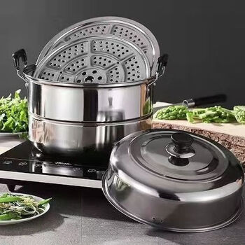 An junsheng stainless steel household two-layer double-layer steamed bun reinforced pot soup pot induction cooker gas stove pot thickened large steamer 0cm double layer 28cm heightened anti-spill