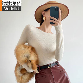 Modal herringbone pattern long-sleeved shima seiki seamless one-line collar yangzi wool sweater bottoming shirt for women spring and autumn white m