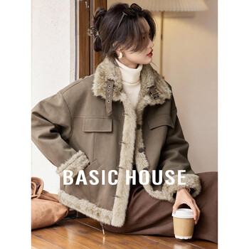 Basic house basic house/baijiahao 2025 warm short thickened jacket women's winter versatile reversible fur jacket dark khaki m