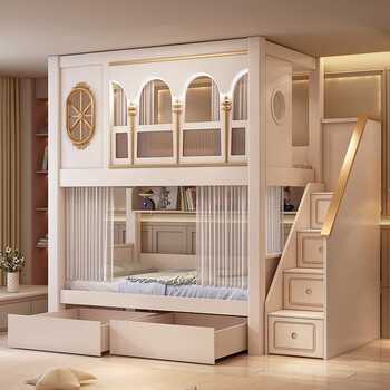 Hongdu double-decker light luxury bunk bed children's bed all solid wood girls boy princess bed castle tree house bed noble american style high and low bed + bookshelf + double drawer + ladder cabinet + 2 high-quality mattresses 1.5*1.9 meters (same width as top and bottom)
