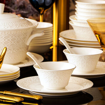 Nine cranes embossed tableware complete set of household bowls and plates, high-end jingdezhen underglaze color bone china tableware, housewarming gift bowl and dish set, 60-piece set丨jingdezhen first-class underglaze color bone china