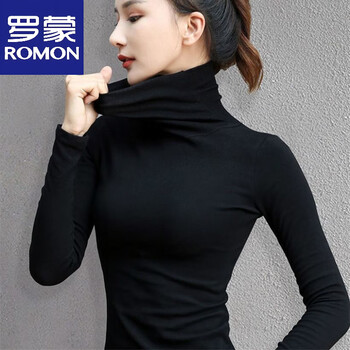 Romon high-end pure cotton high-neck long-sleeved t-shirt for women in autumn and winter new high-neck bottoming shirt slimming and fashionable pile collar official flagship black basic model xl 110-120 pounds
