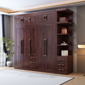 New chinese style ebony wood solid wood wardrobe home bedroom storage cabinet plus top cabinet plus side cabinet double door wardrobe three door wardrobe