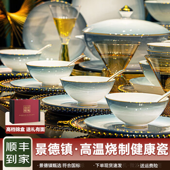 High-end jingdezhen bone china tableware set, light luxury, high-end housewarming ceramic bowls and plates, gradient color home set, 60 pieces set for 10 people | high temperature healthy bone china | leather suitcase and box