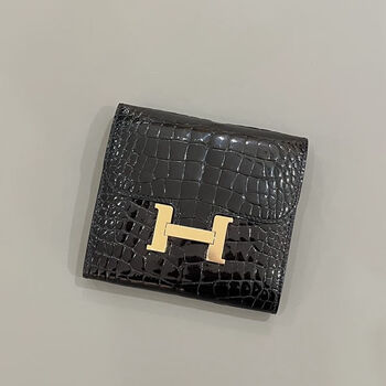 Hermes (hermes) second-hand 99 new hermes (hermes) constance glossy crocodile black gold d-engraved short wallet