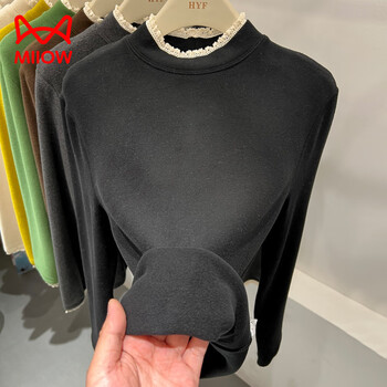 Miiow german velvet spliced lace half turtleneck brushed long-sleeved autumn and winter solid color inner wear simple slim outer bottoming shirt black m within 100 pounds