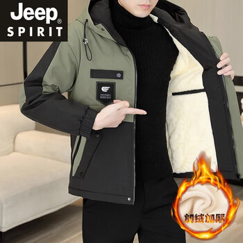 Jeep spirit men's jacket new trend men's workwear hooded velvet jacket jacket 2025 winter thickened cotton jacket green 3310-winter warm 3xl recommended 160-175 catties