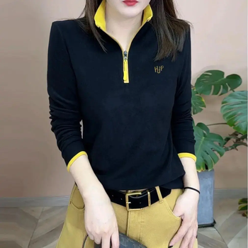 2025 autumn and winter fashion bottoming shirt for women, versatile stand collar, color block embroidery, western style age-reducing long sleeves, black l recommended weight 90-110 jin