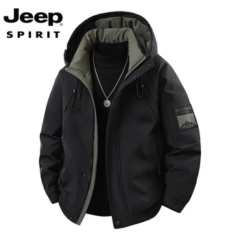 Jeep spirit thickened goose down down jacket men's 2025 winter new outdoor workwear hooded jacket trendy sports lightweight jacket black m