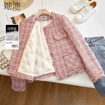 She chi xiaoxiangfeng down jacket women's 2024 winter new wool tweed round neck warm top