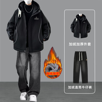 Woodpecker youth jacket men's velvet thickened jacket set autumn and winter trendy outfits for high school students black 8818-t jacket + jeans velvet m recommended to be around 80-100 pounds