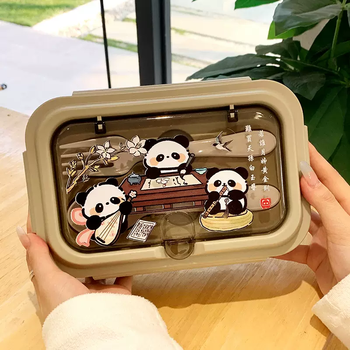 Yusenyi cute cartoon panda lunch box pp lunch box compartment lunch box fruit crisper fruit lunch box wild brown calligraphy and painting painting panda independent compartment microwave heating 4-brown calligraphy and painting