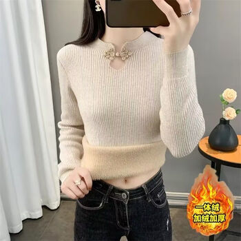 Woodpecker (tucano) velvet and thickened autumn and winter new style half turtleneck pullover sweater for women with buckles, stylish inner warm base top, khaki color, one-piece velvet, thickened s 90-100 catties