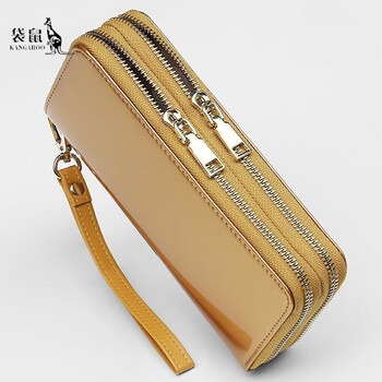 Kangaroo genuine leather clutch bag, women's handbag, patent leather wallet, women's long large-capacity cowhide wallet, simple and elegant mobile phone bag, rich gold--double zipper, bright leather and clean surface
