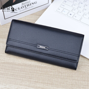 Kangaroo wallet women's long soft wallet new fashion simple wallet multiple card slots high-looking three-fold mom clutch black