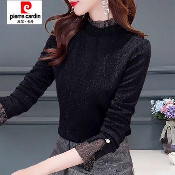 Pierre cardin fashionable half turtleneck lace bottoming shirt for women new style style inner shirt long-sleeved autumn and winter velvet thickened top black regular xl 110-120 catties
