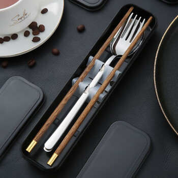 Huanxin chopsticks and spoon set, one person, one chopstick, portable tableware, student storage box, fork, single wooden chopsticks, three-piece set, 4-piece set with fixed buckle, natural color spoon and fork + jinfu chicken wing chopsticks, black box + storage bag, no specifications
