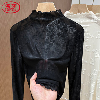 Langsha fungus-edged half-high collar mesh bottoming shirt for women, autumn and winter new inner gauze, soft and stylish jacquard lace top, black l, recommended 101-110 pounds