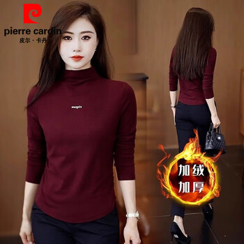 Pierre cardin half turtleneck with velvet inner layer 2025 autumn and winter new all-in-one velvet t-shirt women's small warm base shirt top temperament red temperament half turtleneck m 80-100 pounds