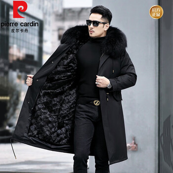 Pierre cardin parka men's fur mid-length mink fur lining fox fur collar detachable mink coat winter jacket knee-high black shell black mink fur lining m 90-catties