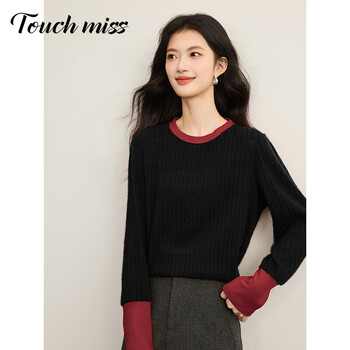 Touchmiss relaxed contrasting color round neck knitted bottoming shirt for women 2025 autumn and winter new casual loose long-sleeved top modern black xl