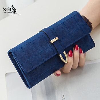 Kangaroo wallet women's long 2025 new retro frosted bag tri-fold wallet large capacity multi-function banknote clip coin purse royal blue