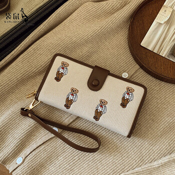 Kangaroo women's card holder 2025 new portable cute three-in-one cartoon bear long wallet women's fashion mobile phone bag long white shirt
