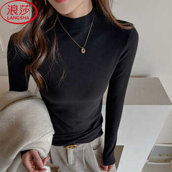 Langsha (langsha) women's lyocell bottoming shirt, mid-collar autumn and winter brushed long-sleeved comfortable velvet warm and wearable high-end inner top