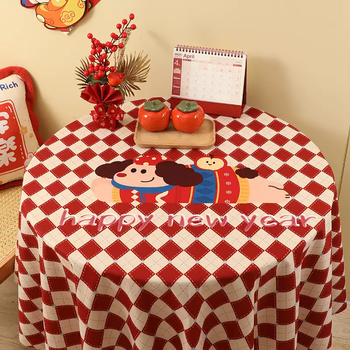Yusenyi christmas tablecloth red theme atmosphere decoration french retro coffee table round dining table tablecloth fabric cotton and linen red plaid dachshund with anti-slip stickers 120x120cm