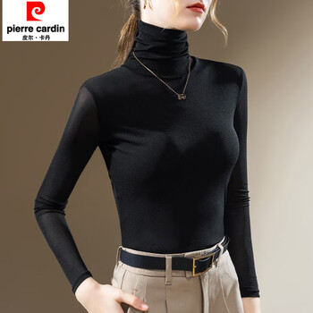 Pierre cardin autumn and winter high collar mesh bottoming t-shirt women's long sleeve 2025 new lace and velvet thickened top black (double-layer mesh) thin section 2xl (125-135 catties)