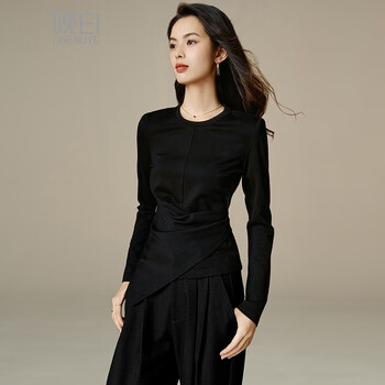 Late white new product winter temperament round neck top pleated slim fit versatile bottoming shirt women black s