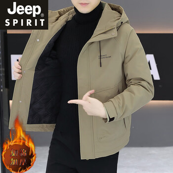Jeep spirit autumn and winter jacket men's 2025 new trendy brand handsome hooded casual two-cotton workwear thickened warm clothes khaki 2xl