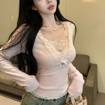 Zhen xi qi pure desire hot girl sexy v top autumn and winter white matching pink slim lace bottoming inner wearable long sleeves v neck slim lace bottoming women pink l