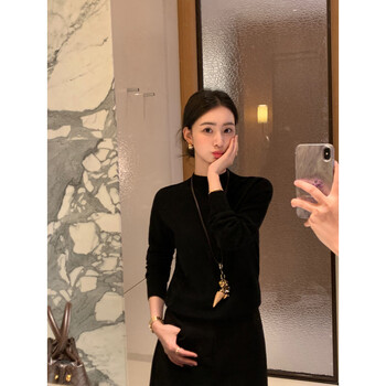 Pusumede inner layer black round neck long-sleeved sweater for women simple loose inner layering top black (91.8% sheep wool) s