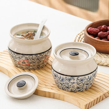 Pupan ceramic soup crock pot stewing cup water-proofed steamed egg soup can with lid for one person 450ml crock pot simmering soup cup - blue and white 450ml please see details