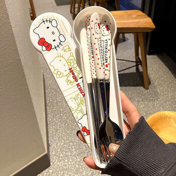 Jialaichen kt cat cute portable chopsticks spoon tableware set student stainless steel spoon fork chopsticks three-piece travel storage box hellokt cat three-piece set/chopsticks + spoon + fork + box