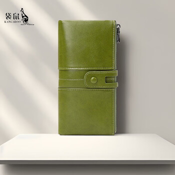 Kangaroo leather clutch women's anti-theft brushed women's wallet oil waxed leather double zipper multifunctional retro clutch women's bag green