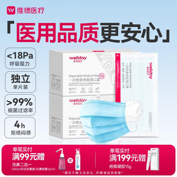 Wellday disposable medical masks for adults 50 pieces/box individually packaged three-layer breathable anti-allergic anti-droplet sterilization grade