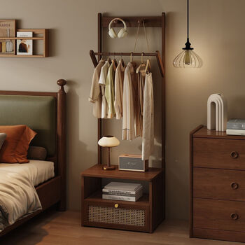 Fantasy bedside table clothes hanger household clothes hanger bedroom floor-standing bedside coat rack storage rack living room clothes drying rack 40 cm long - with drawers elegant chinese style - walnut color